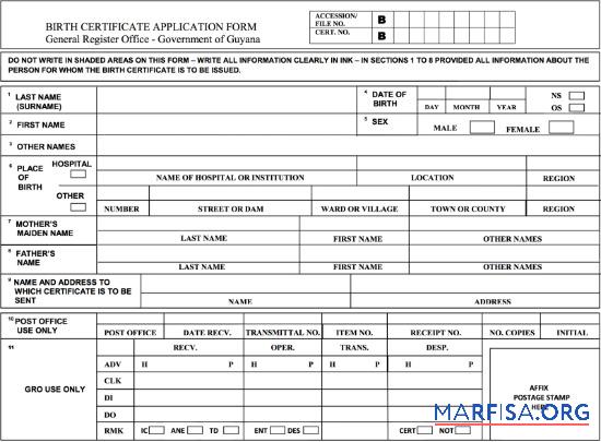 Blank South America Government of Guyana birth certificate example